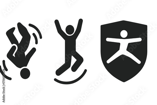 Acrobatic Icon Set. Solid style icons of mid-air acrobatics: twist flip panel, hands-free jump icon, split kick badge. Parkour