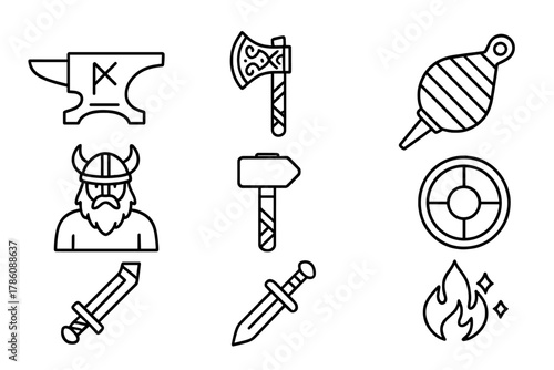 Viking Forge Icons. Line style icons of Viking Forge: Rune-Engraved Anvil, Mythical Weapon, Bellows, Warrior, Hammer, Shield,