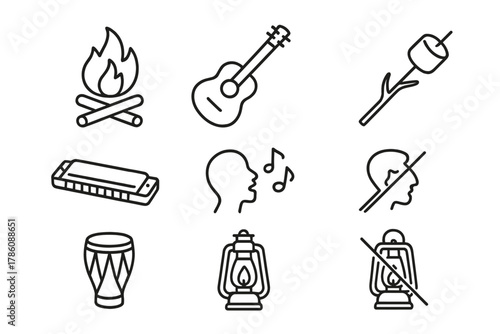 Campfire Song Icons. Line style icons of Campfire Songs: Campfire, Guitar, Banjo, Harmonica, Singing Silhouette, Marshmallow Stick