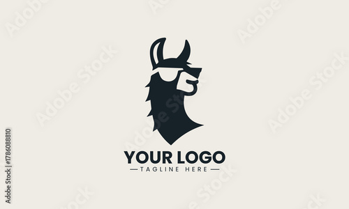 Cool llama wearing stylish sunglasses in a trendy and playful black vector logo design, conveying a fun and hip brand identity