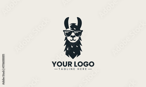 Cool llama wearing stylish sunglasses in a trendy and playful black vector logo design, conveying a fun and hip brand identity