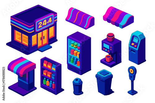 Urban Nightlife Essentials. Isometric vector illustration set Urban nightlife – 24h convenience store, neon awning, snack shelves;