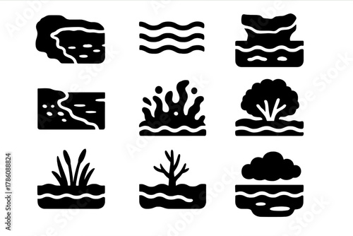 Thaw Lakes Icons. Solid style icons of Thaw Lakes: Thermokarst Lake, Water Ripples, Floating Ice, Muddy Shore, Algae Growth, Shrub