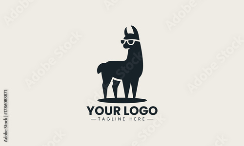 Cool llama wearing stylish sunglasses in a trendy and playful black vector logo design, conveying a fun and hip brand identity
