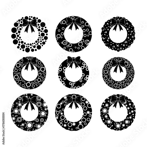 A collection of nine decorative Christmas wreaths with bows and circular patterns.
