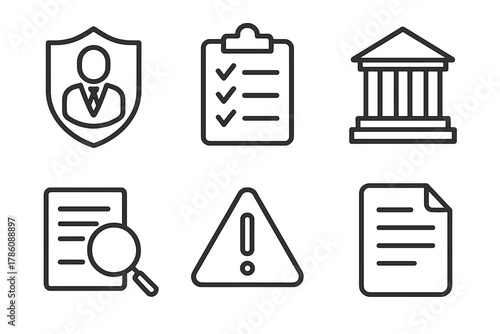 Legal Compliance Icons. Line style icons of legal and compliance issues: legal counsel badge, compliance checklist, regulatory