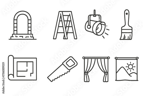 Theatrical Set Design Icons. Line style icons of Stage Design: Set Piece, Ladder, Spotlight, Paint Brush, Blueprint, Saw, Curtain,