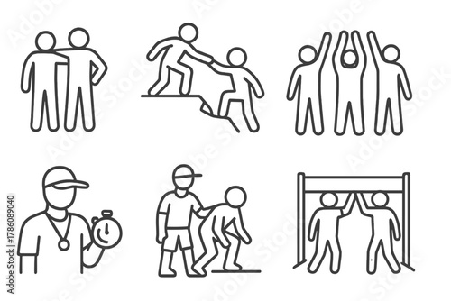 Community Support Icons. Line style icons of OCR community support: friends helping each other, hand pull at obstacle, team cheer