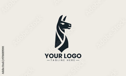 Elegant minimalist llama standing gracefully in a stylized geometric black vector logo design, embodying modern simplicity and charm