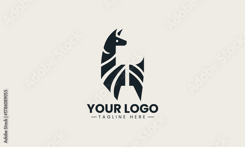 Elegant minimalist llama standing gracefully in a stylized geometric black vector logo design, embodying modern simplicity and charm