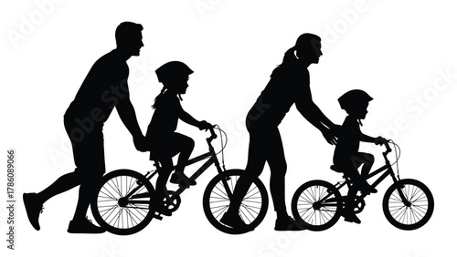 Family cycling silhouettes isolated on white background, Vector