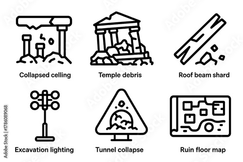 Disaster Archaeology Icons. Line style icons of Disaster Archaeology: collapsed ceiling layer, temple debris icon, roof beam shard