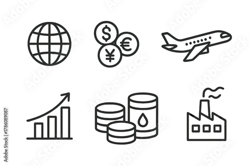 Global Economy Icons. Line style icons of Global Economy: Globe, Currency Symbols, Exchange Arrows, Cargo Plane, Chart, Coins, Oil