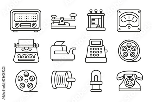 Vintage Technology Icons. Line style icons of early technology: radio console, telegraph key, relay switch, signal meter;
