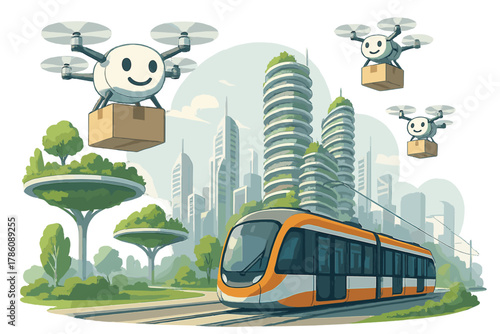 Floating Gardens Futurism. Future urban vision with floating gardens, smiling drones carrying packages, and trams gliding quietly