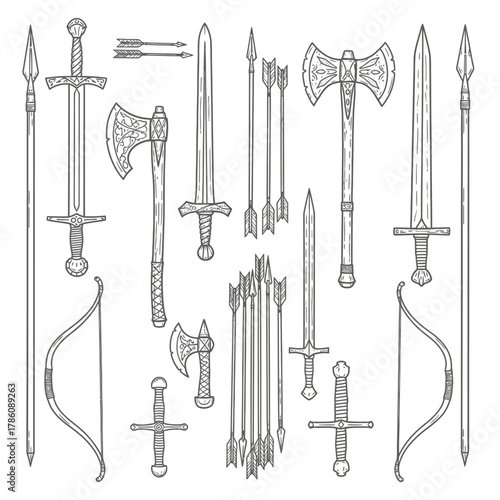 A collection of medieval weapons including swords, axes, bows and arrows.