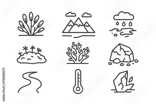 Environmental Change Icons. Line style icons of Environmental Change: Shrub Expansion, Tundra, Melting Permafrost, Shifting