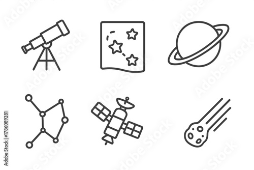 Astronomy Line Icons. Line style icons of Astronomy: Telescope, Star Map, Moon, Planet, Constellation, Satellite, Comet, Meteor,