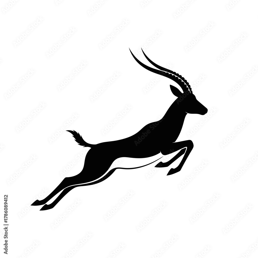 Fototapeta premium A black silhouette of a gazelle leaping against a white background.