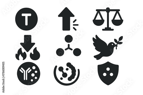 Immune Modulation Icons. Solid style icons of immune modulation by FMT: T-cell symbol, immune boost arrow, balanced scale icon.