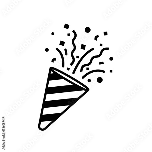 A party popper explodes with confetti and streamers against a white background.