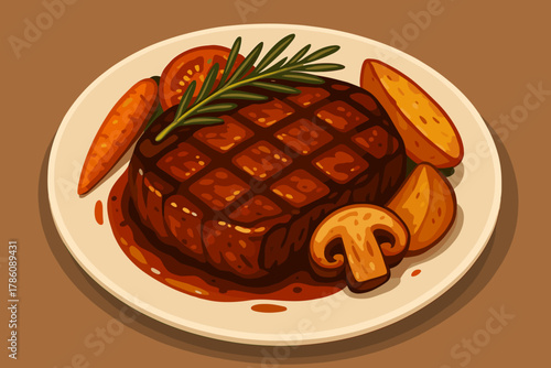 Gourmet Steak Presentation. Gourmet plate of juicy grilled steak garnished vector illustration with fresh rosemary and roasted