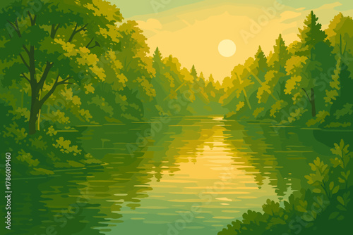 Golden Forest Lake. Scenic shot of a serene lake surrounded by lush forest trees glowing under golden sunlight, tranquil and