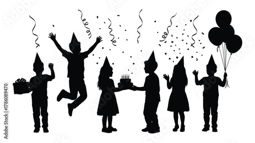 Children's birthday party silhouettes isolated on white background, Vector