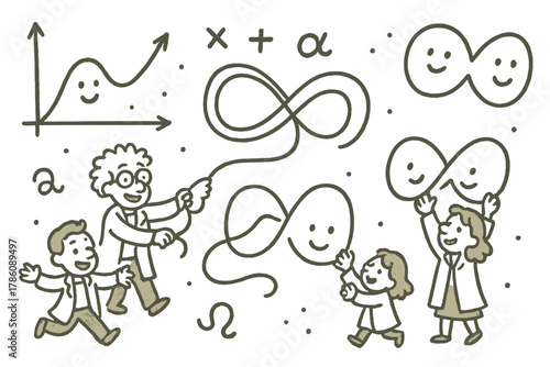 Cheerful Science Doodle. Cute doodle renormalization illustration with smiling graphs, cartoon infinities being tamed by cheerful