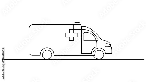 Continuous one line drawing of an ambulance vehicle with Red Cross symbol, Ambulance car continuous one line drawing. minimalist black linear sketch of emergency medical van