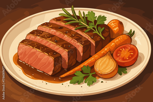 Gourmet Steak Feast. Gourmet plate of perfectly cooked steak garnished with fresh herbs and roasted vegetables, rich and inviting