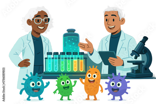 Futuristic Microbiome Lab. Future microbiome lab with glowing test tubes, scientists smiling, and animated microbes volunteering