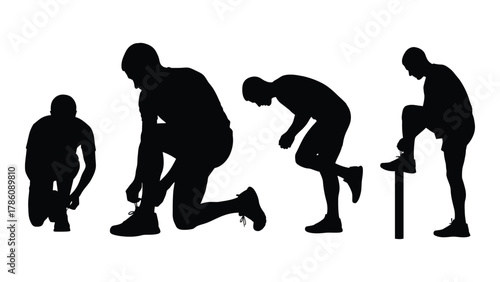 Silhouettes of men tying shoelaces isolated on white background, Vector