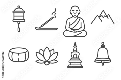 Sacred Retreat Icons. Line style icons of Sacred Retreat: Prayer Wheel, Incense, Monk, Mountain Peak, Meditation Cushion, Lotus