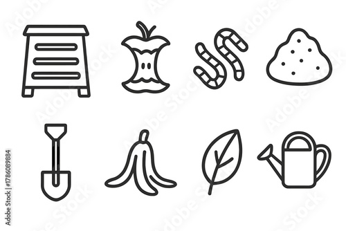 Composting Icon Set. Line style icons of Composting: Compost Bin, Apple Core, Worms, Soil, Shovel, Banana Peel, Leaf, Watering Can