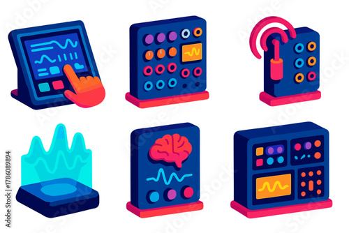 Futuristic Synth Gear. Isometric vector illustration set Future Synth Design: touchscreen modular panel, digital-analog hybrid