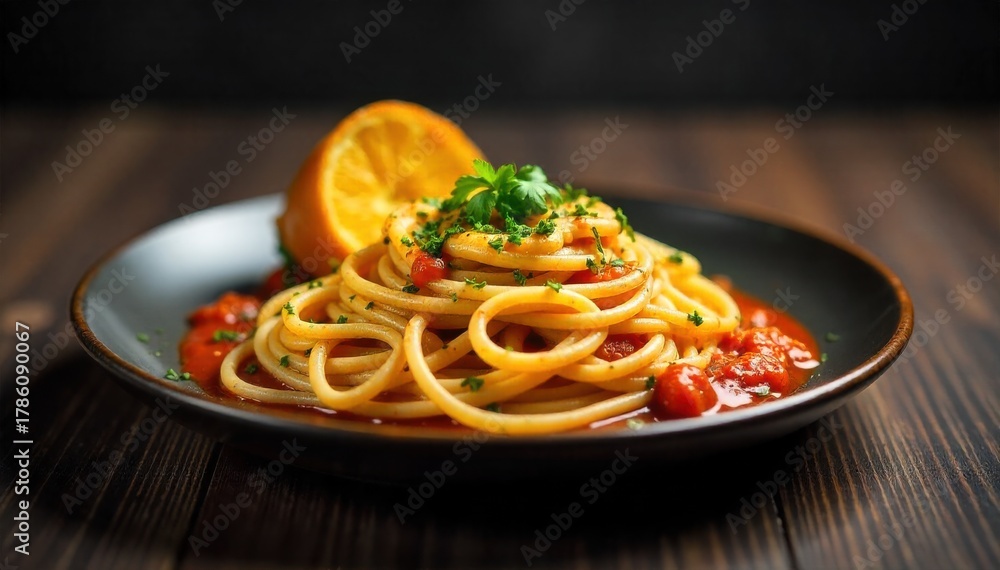 Fototapeta premium Overhead view of a diner style spaghetti entree with a side of garlic bread on a dark wooden surface. An overhead, top down view of a diner style plate of spaghetti, with a generous portion of golden