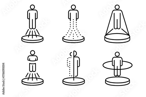 Holographic Illusion Icons. Line style icons of holographic stage illusions: levitating hologram, disappearing projection effect,