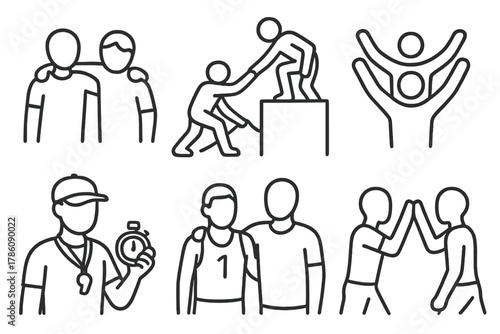 Community Support Icons. Line style icons of OCR community support: friends helping each other, hand pull at obstacle, team cheer