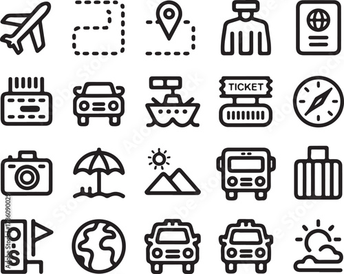 Travel and Transportation Icon Set | Black and White Line Vector Design