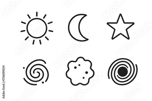 Celestial Icons in Line Style. Line style icons of Celestial Objects: sun, moon, star, galaxy, nebula, black hole. No text, No