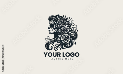 Elegant sugar skull woman with intricate facial patterns and a beautiful rose in her hair, depicted in a black vector logo style