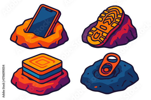 Modern Artifacts Evolution. Isometric vector illustration set Human Epoch Artifacts: Discarded phone in rock, fossilized sneaker