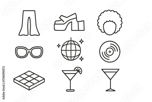 70s Party Icons. Line style icons of 70s Party: Bell Bottom Pants, Platform Shoes, Afro Hair, Sunglasses, Disco Ball, Vinyl Record