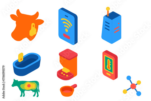 Smart Farming Icons. Isometric vector illustration set Smart farming – livestock wearable tag, RFID reader, data gateway; water