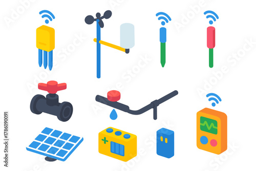 Smart Farming Technology Icons. Isometric vector illustration set Smart farming – soil moisture sensor, weather station mast, pH