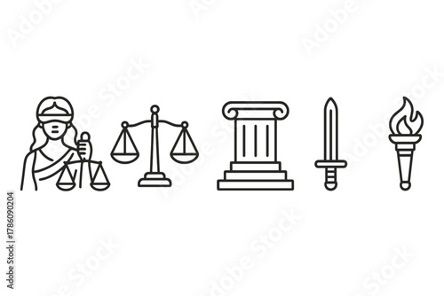 Justice Symbols Icons. Line style icons of Law and Justice Symbols: blindfolded lady justice, scales, law pillar, courthouse steps