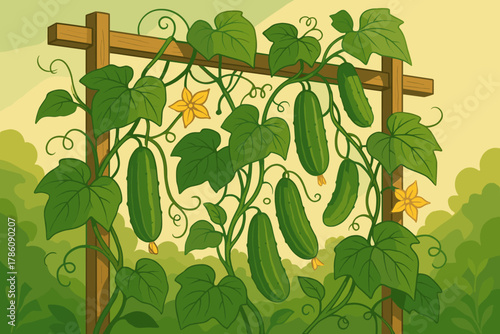 Sunlit Cucumber Vines. Lush green cucumber vines hanging from a vector illustration garden trellis, illuminated by golden sunlight