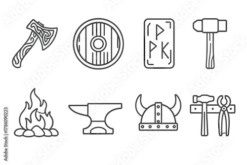 Viking Craftsmanship Icons. Line style icons of Viking Craftsmanship: Carved Axe, Wooden Shield, Rune Engravings, Hammer, Forge
