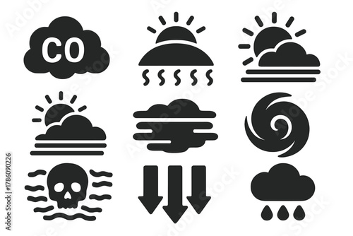 Atmospheric Icons. Solid style icons of atmospheric dread: carbon clouds, heat dome symbols, choking skies. Sun blocked icons,